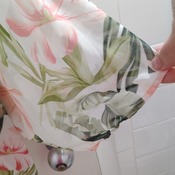 Kimono Hawaiian Botanical Floral Hibiscus Fern Beach Coverup White Pink Green - Picture 10 of 13